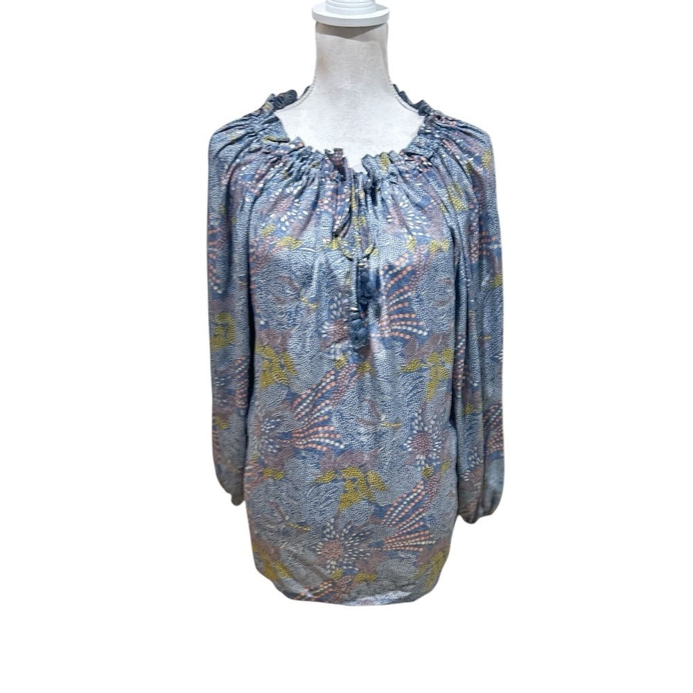 Pookie & Sebastian Blue gray tan dot peasant Blouse Tie neckline size medium